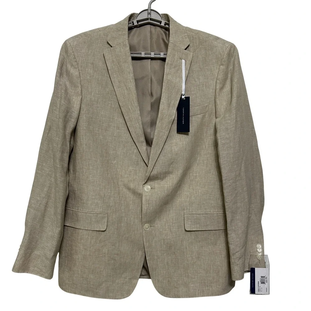 TOMMY‎ HILFIGER Mens Blazer Sport Coat 2-Button Suit Jacket 48L 100% Linen Tan